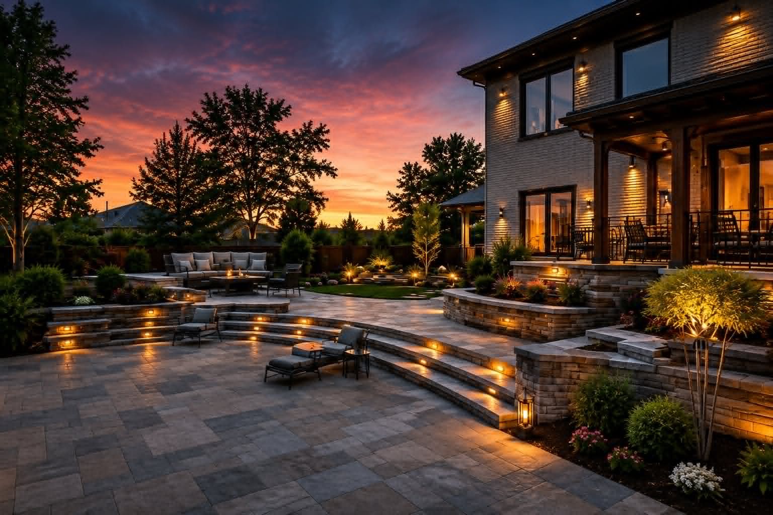 Terrasse en pavé uni sur trois paliers éclairée au crépuscule, avec murets de pierre et mobilier de jardin